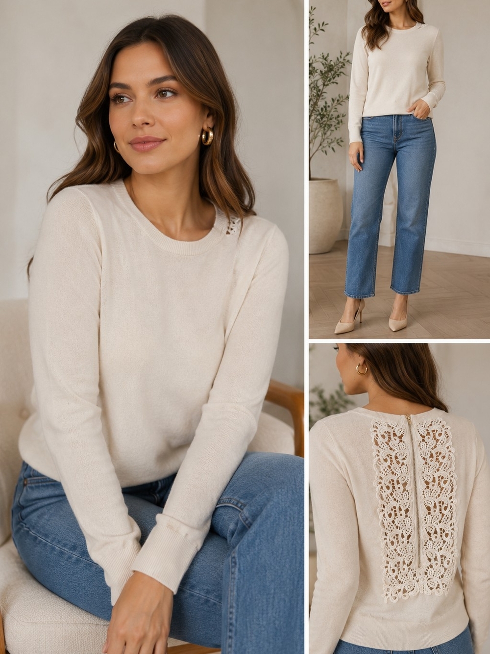 Sandro Paris cream knit sweater Lace-Back Crewneck Sweater in Ivory